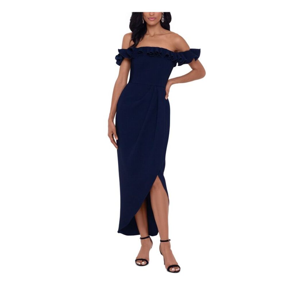 XSCAPE Womens Navy Gown Flutter Sleeve Knee Length Evening Tulip Dress 14